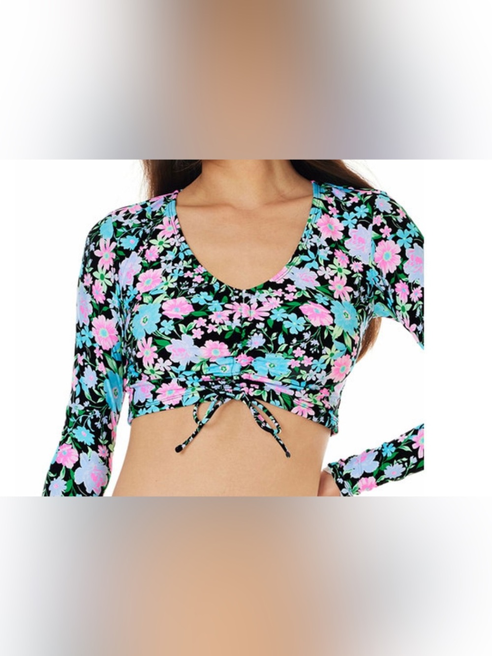 Celebrity Pink Cropped Rashguard Swimsuit Top Size L (11–13) –Multicolor Floral